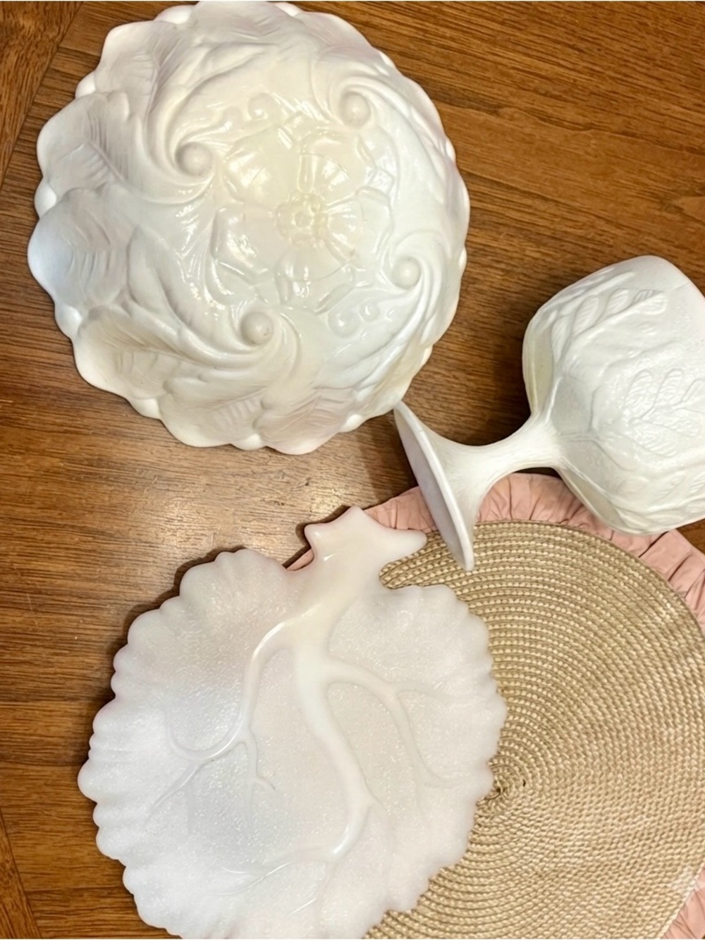 Elegant White Decorative Milk Glass Bowl and Pedestal Set